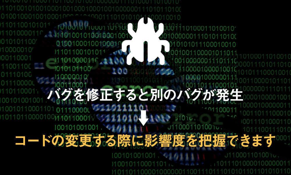 バグを修正すると別のバグが発生→コードの変更する際に影響度を把握できます
